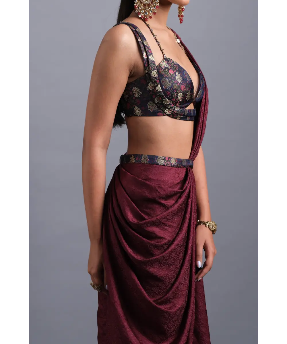 AASTHA SOOD - Wine silk slit Jacquard saree with a Belt